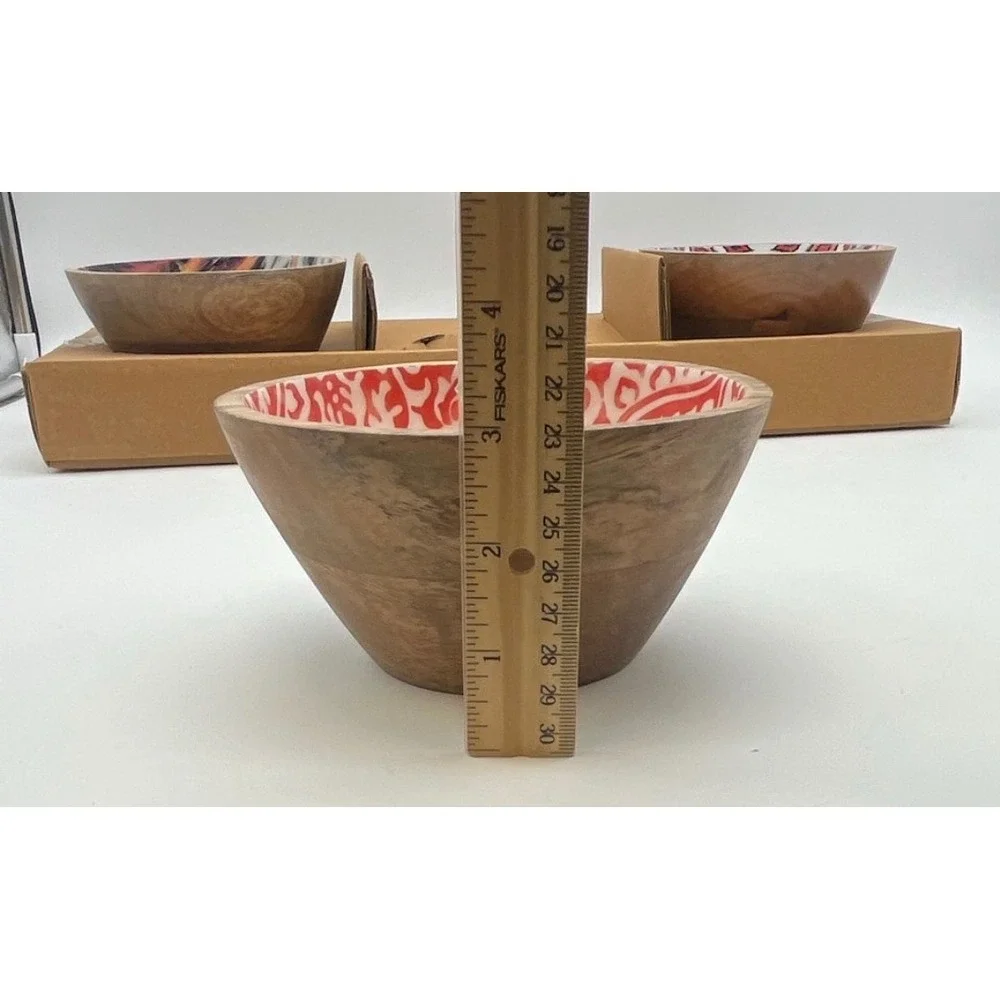 MESA Mango Wood Serving Set 4 Piece Ikat‎ Geometric Patterns Tray & 3 Bowls NEW